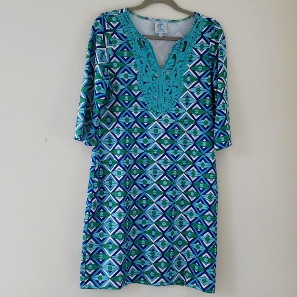 Tracy Negoshian Dress Turquoise Blue White Green Stretch Shift Washable, Size S